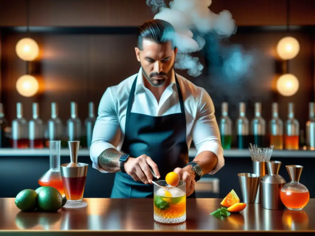 Un mixólogo en un bar moderno usa Técnicas Gastronomía Molecular Coctelería para crear un cóctel impresionante