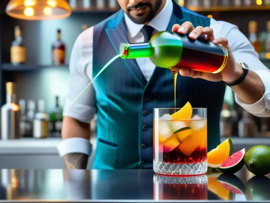 Un mixólogo vierte capas vibrantes de ingredientes coloridos en un vaso, rodeado de frutas frescas y hierbas en un elegante mostrador