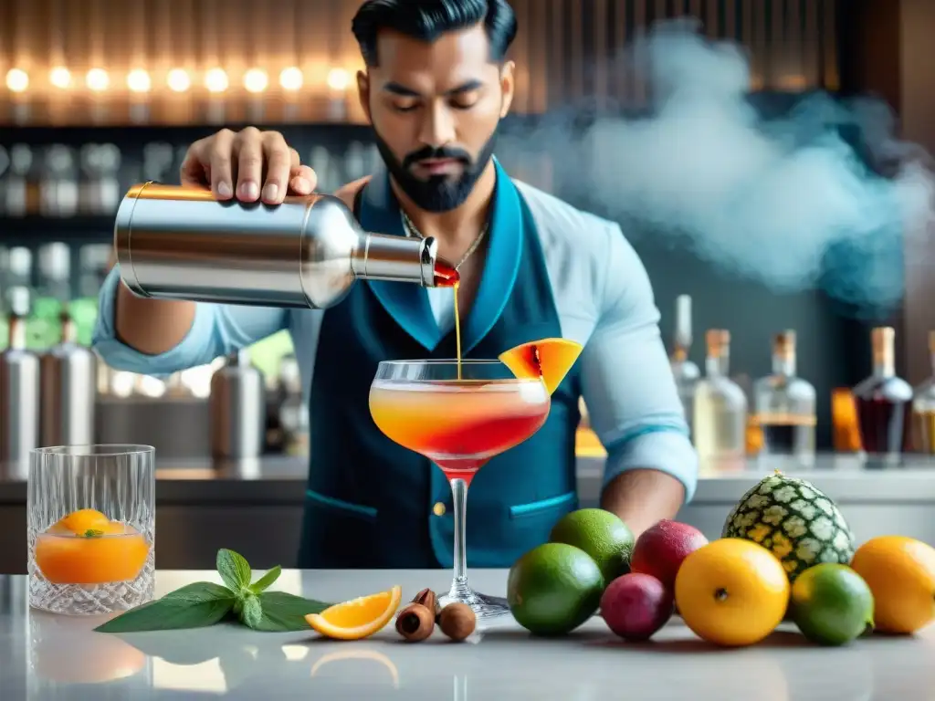 Un mixólogo vierte capas vibrantes de ingredientes coloridos en un vaso, rodeado de frutas y hierbas frescas
