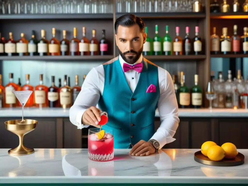 Un mixólogo prepara un coctel sin alcohol innovador y sabroso con ingredientes frescos en un elegante bar