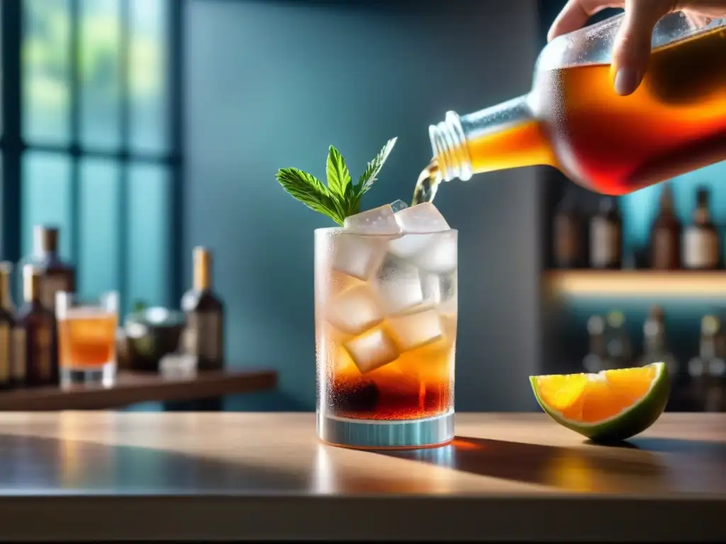 Cocktail de Kombucha: Innovación y Elegancia en la Mixología Un mixólogo vierte un cóctel vibrante de kombucha en un elegante vaso de cristal en un bar moderno, destacando cócteles innovadores con kombucha