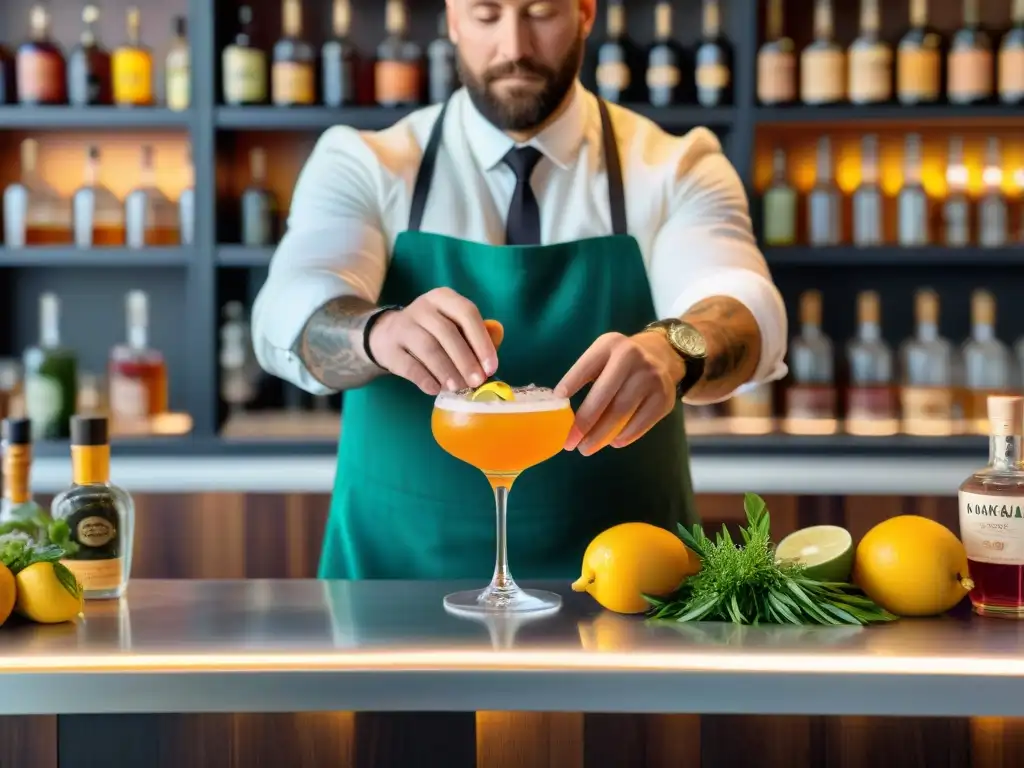 Arte mixológico: experto prepara cóctel de Kombucha Un mixólogo prepara cócteles innovadores con kombucha en un elegante bar, destacando cada detalle de la creación