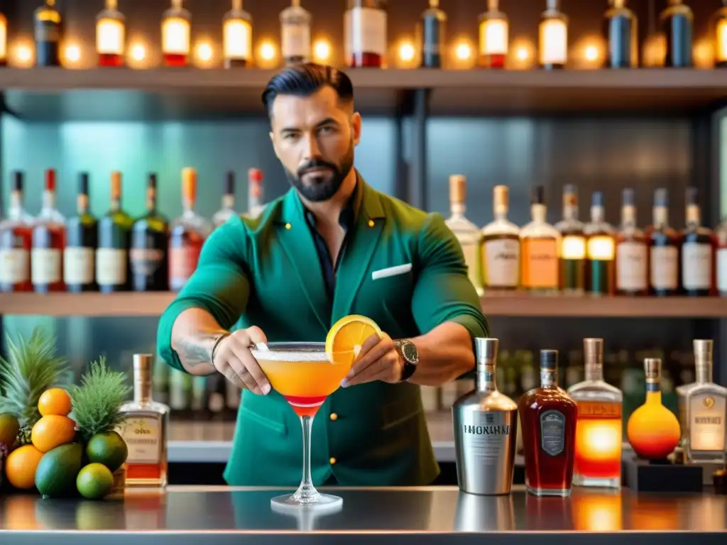 Un mixólogo experto preparando un coctel sin alcohol innovador y sabroso, con detalle y creatividad