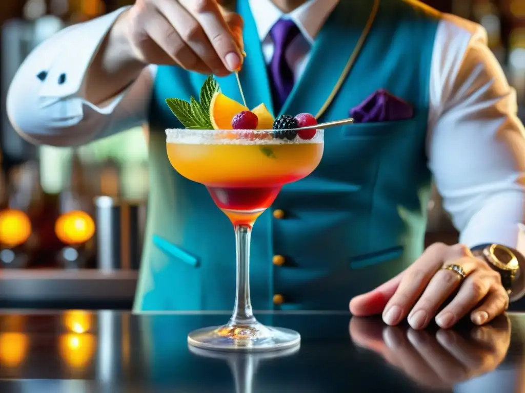 Un mixólogo experto decora un coctel sin alcohol innovador y sabroso con frutas y hierbas frescas, detallando la presentación del trago