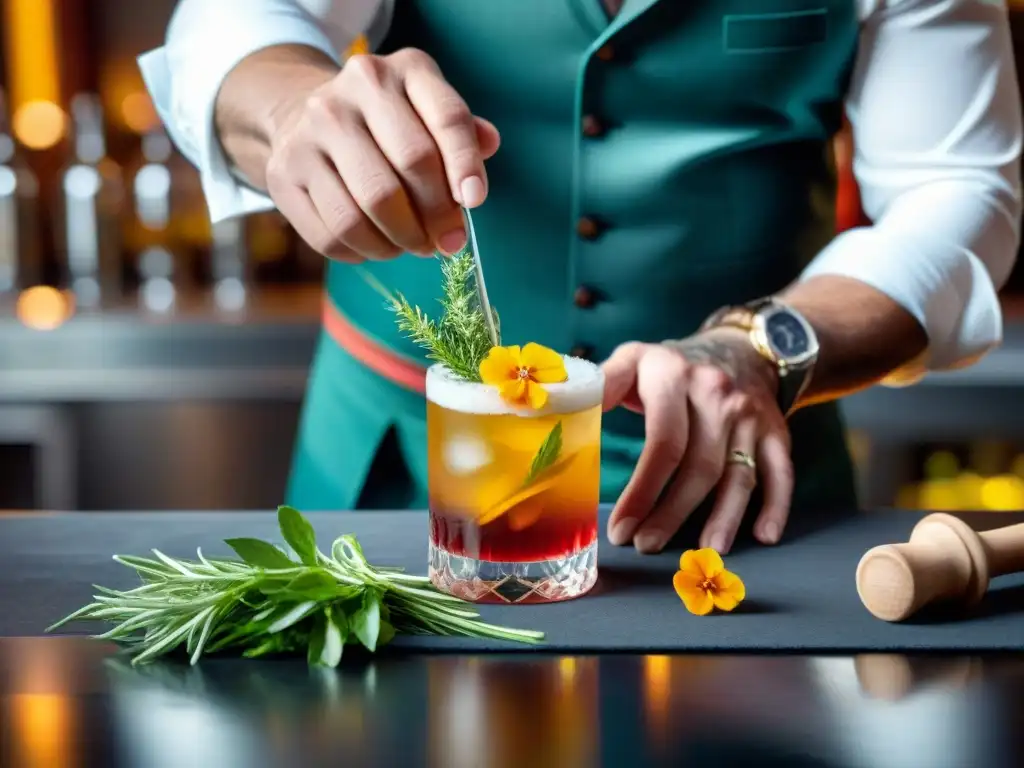 Un mixólogo experto prepara un coctel ecofriendly gourmet con precisión, elegancia y conciencia ambiental