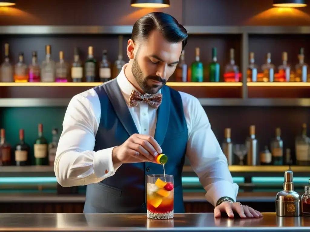 Un mixólogo experto prepara un cóctel gourmet en un elegante bar de cócteles