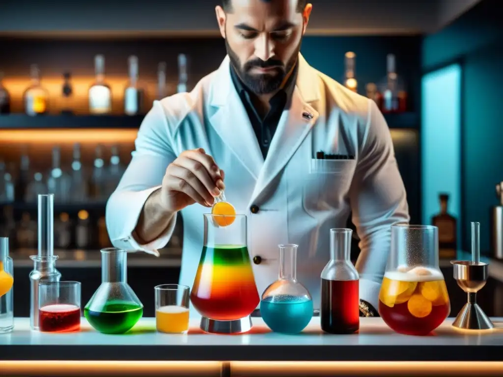 Un mixólogo experto fusionando química y coctelería gourmet con precisión artística