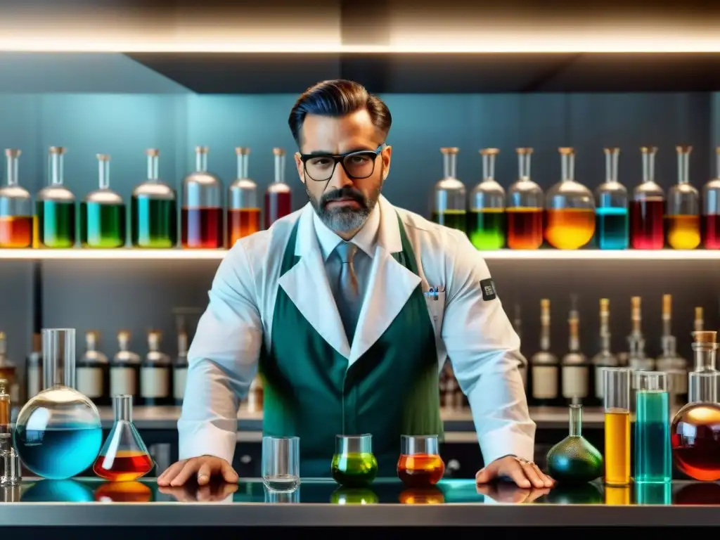 Un mixólogo experto combina ingredientes coloridos en un laboratorio de bar moderno