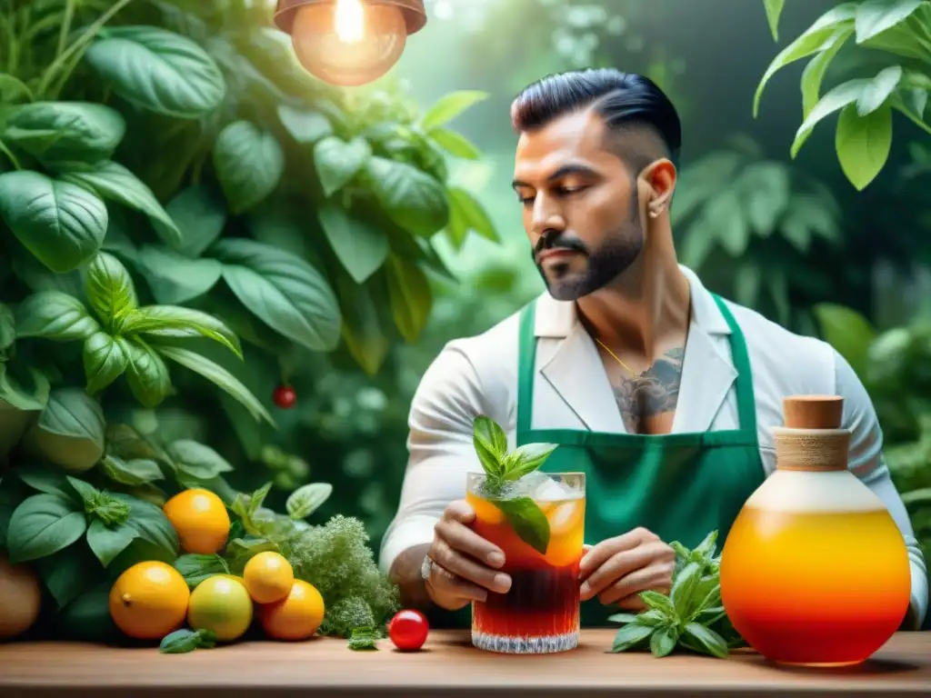 Un mixólogo en un jardín exuberante crea cocteles artesanales con sabores naturales, bajo la luz cálida del sol