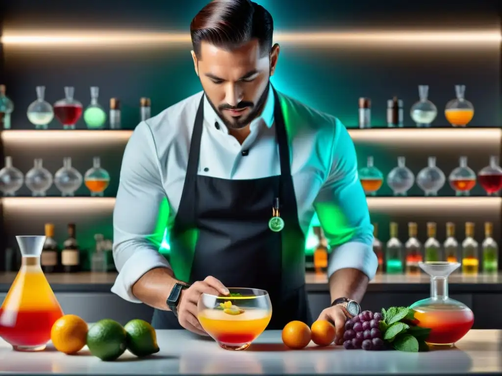 Un mixólogo innovador usando Técnicas Gastronomía Molecular Coctelería para crear un cóctel impresionante