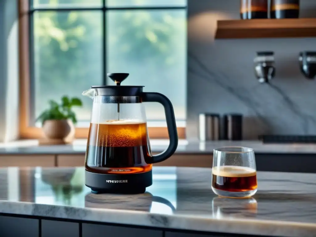 Una moderna cafetera de cristal para café Cold Brew, con granos de café y agua