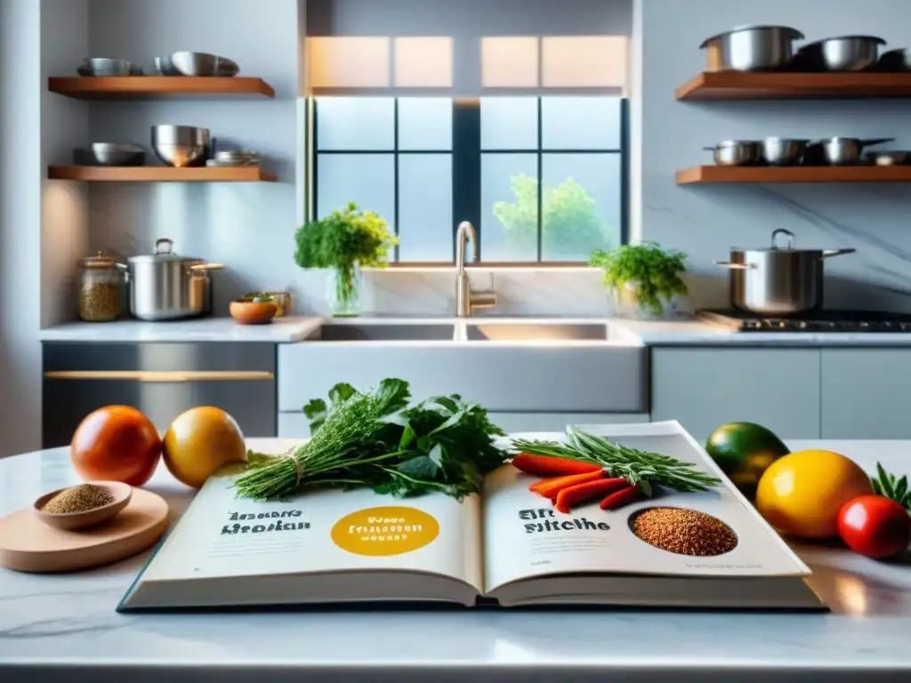 Moderna cocina gourmet con libros de chefs renombrados y cocina gourmet en mármol