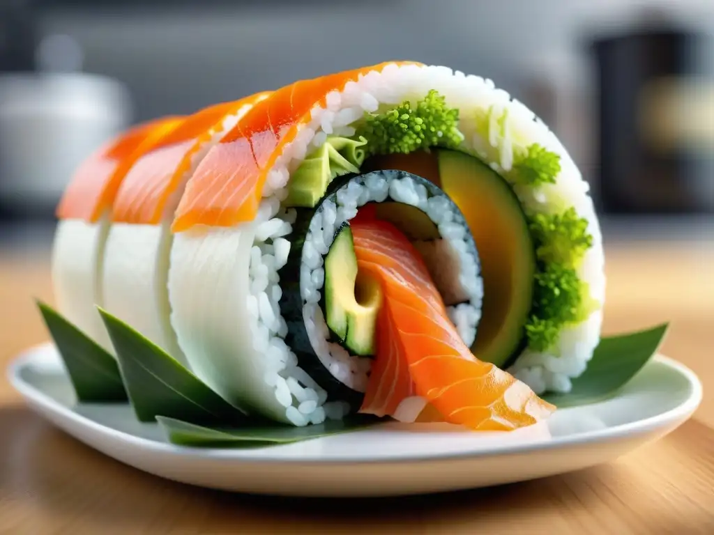 Una moderna impresora de alimentos 3D crea un rollo de sushi colorido y detallado