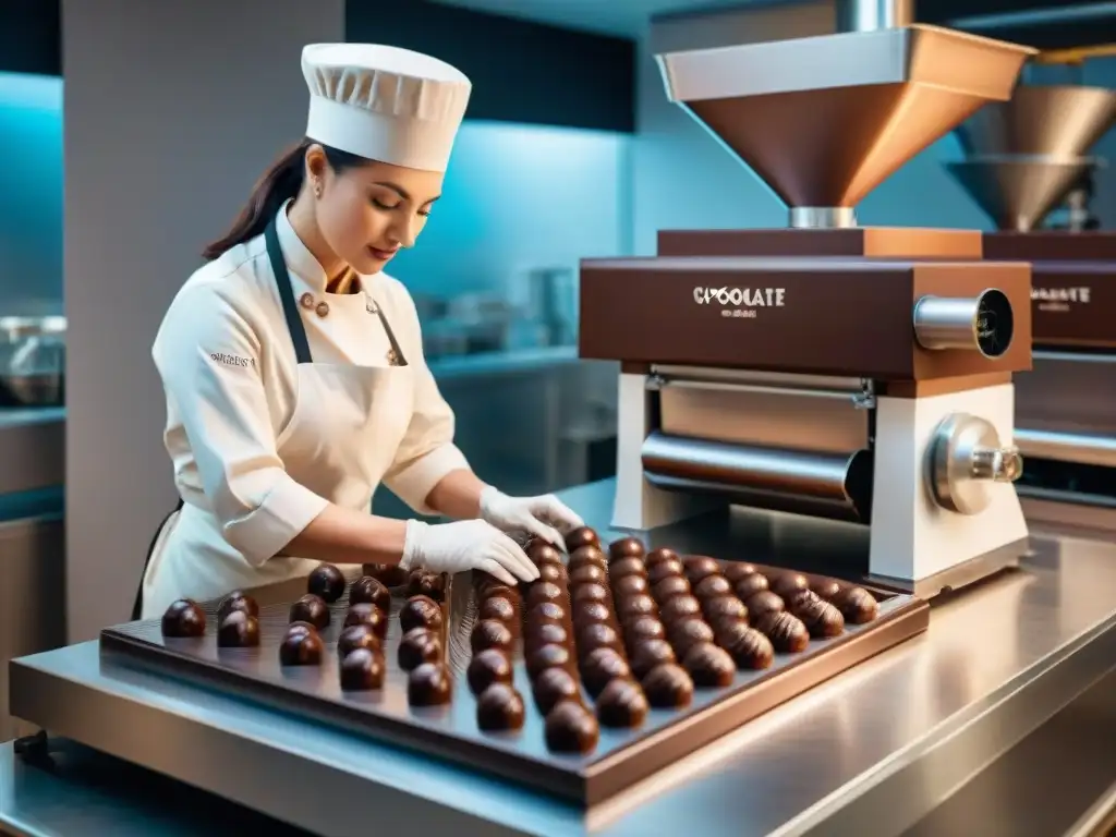 Una moderna máquina de chocolate rodeada de chocolateros en un taller artesanal, destacando las técnicas modernas de chocolate artesanal