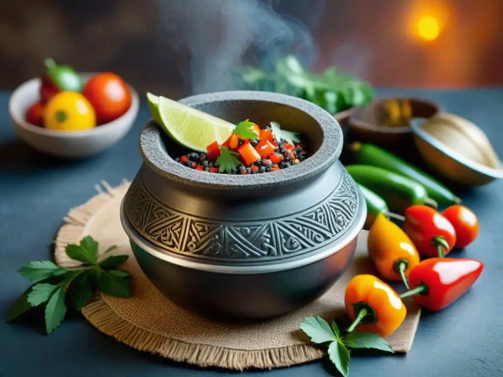 Un molcajete mexicano lleno de Sal de Colima rodeado de ingredientes frescos