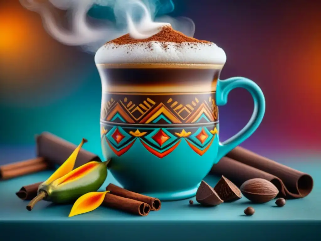 Un molinillo mexicano remueve un chocolate caliente, fusionando culturas con cacao, especias y diseños aztecas