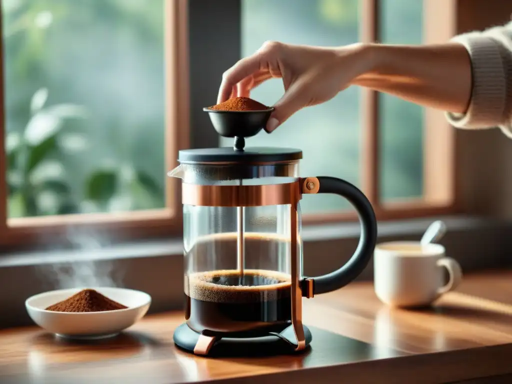 Un momento acogedor en la cocina: manos presionando una prensa francesa casera para hacer café, rodeadas de café molido y una taza humeante