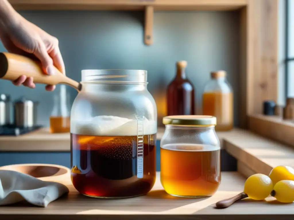 Un momento fascinante: manos colocan un SCOBY en un frasco con té dulce, rodeadas de utensilios artesanales y tarros de kombucha en fermentación