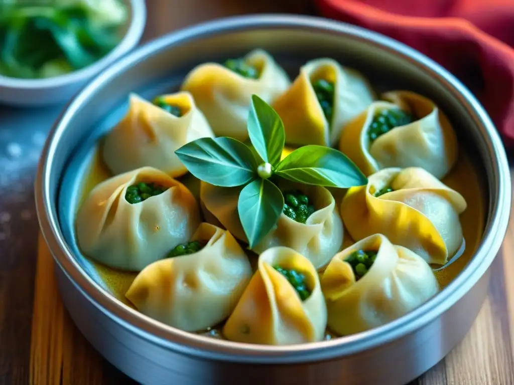 Degusta momo nepalíes como local: vaporosos y dorados, adornados con cilantro y chiles sobre steamer de bambú