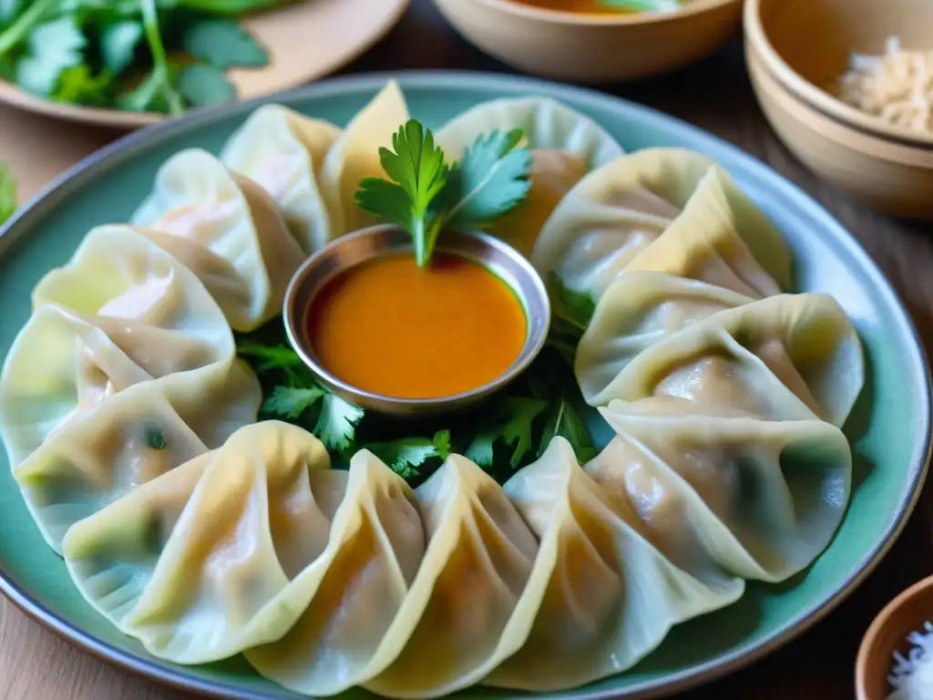 Degustación de Momo nepalíes: plato de dumplings humeantes adornados con cilantro fresco y aceite de sésamo dorado