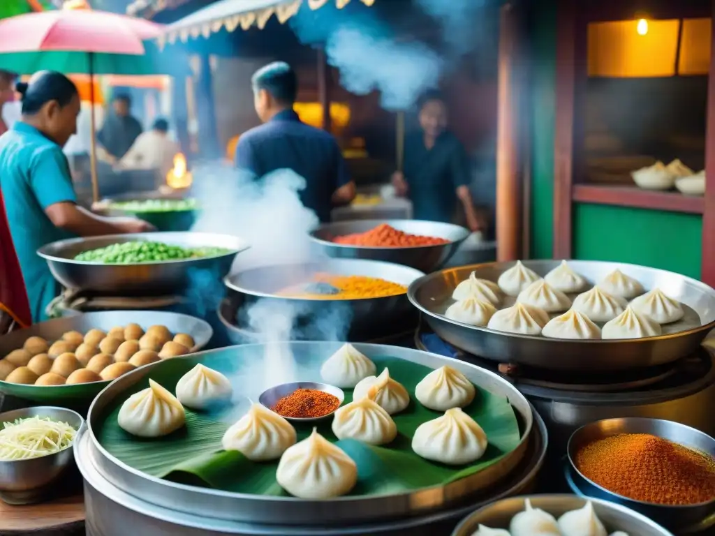 Degustación de momos nepalíes como local: un bullicioso mercado callejero con vibrantes colores y sabores auténticos