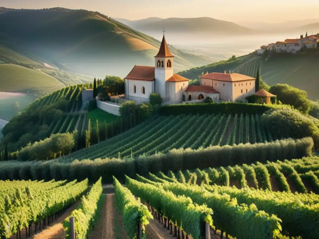 Monasterio medieval entre viñedos al atardecer, evocando la tradición de monasterios en cervecería y vitivinicultura