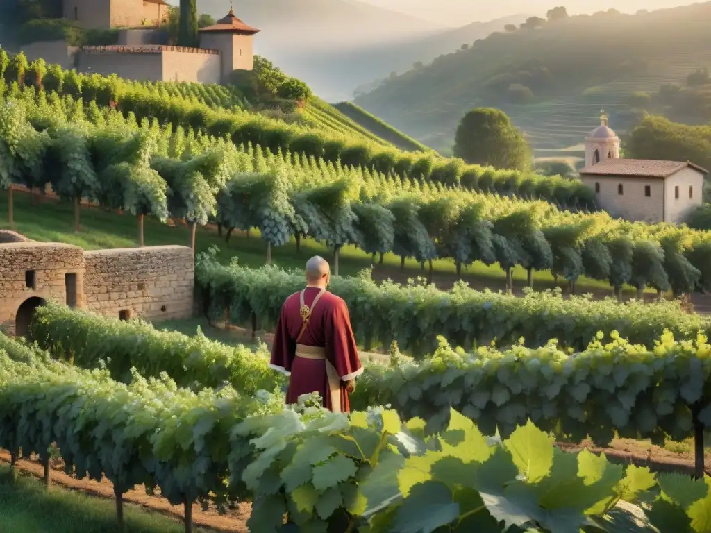 Monasterio con viñedos y lúpulos bañados por la cálida luz del atardecer, monjes cuidando con devoción