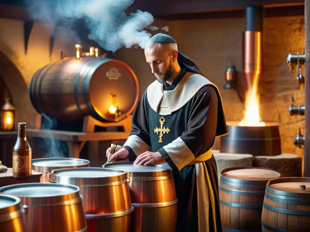 Monjes medievales elaborando cerveza en un monasterio, iluminados por candelabros