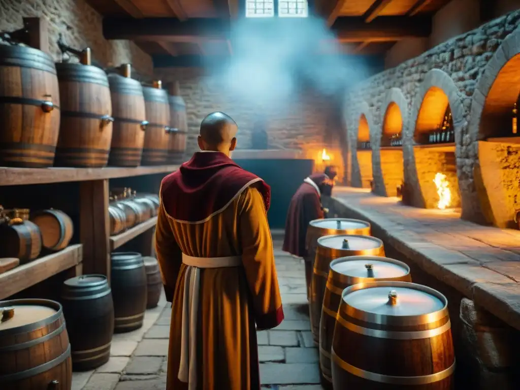 Monjes en túnica rodeados de barriles y herramientas de cerveza en una bodega medieval