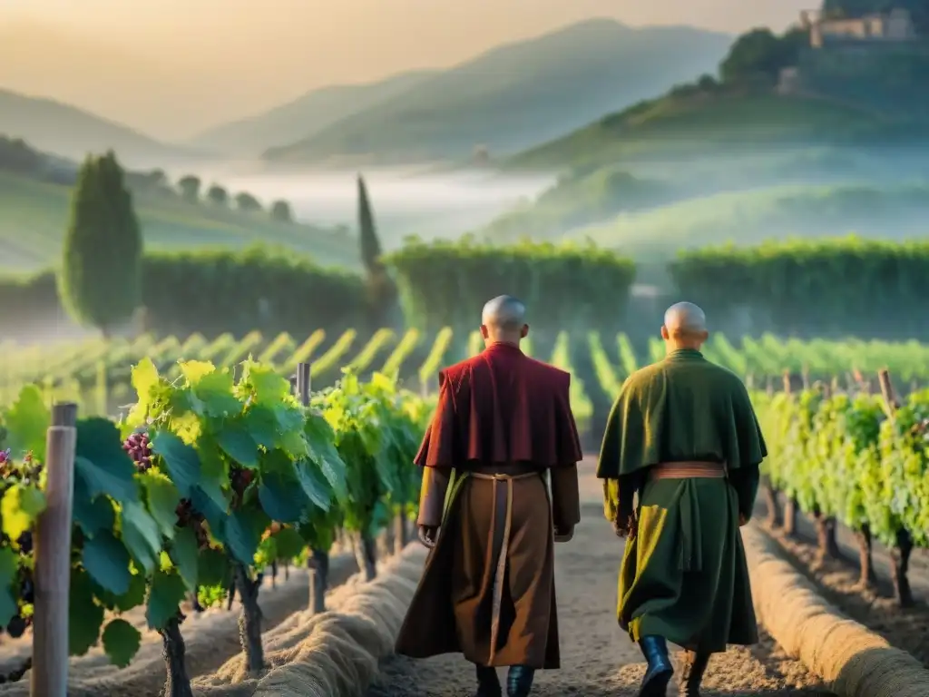 Monjes cuidando viñedos al amanecer en monasterios de vitivinicultura, con conexión a la tierra y tradición centenaria