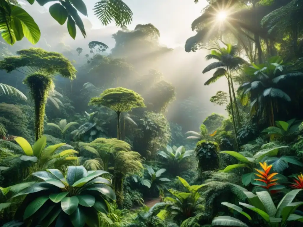 Un mosaico vibrante de la biodiversidad en un exuberante bosque tropical, resaltando el impacto de la elección de alimentos en la biodiversidad