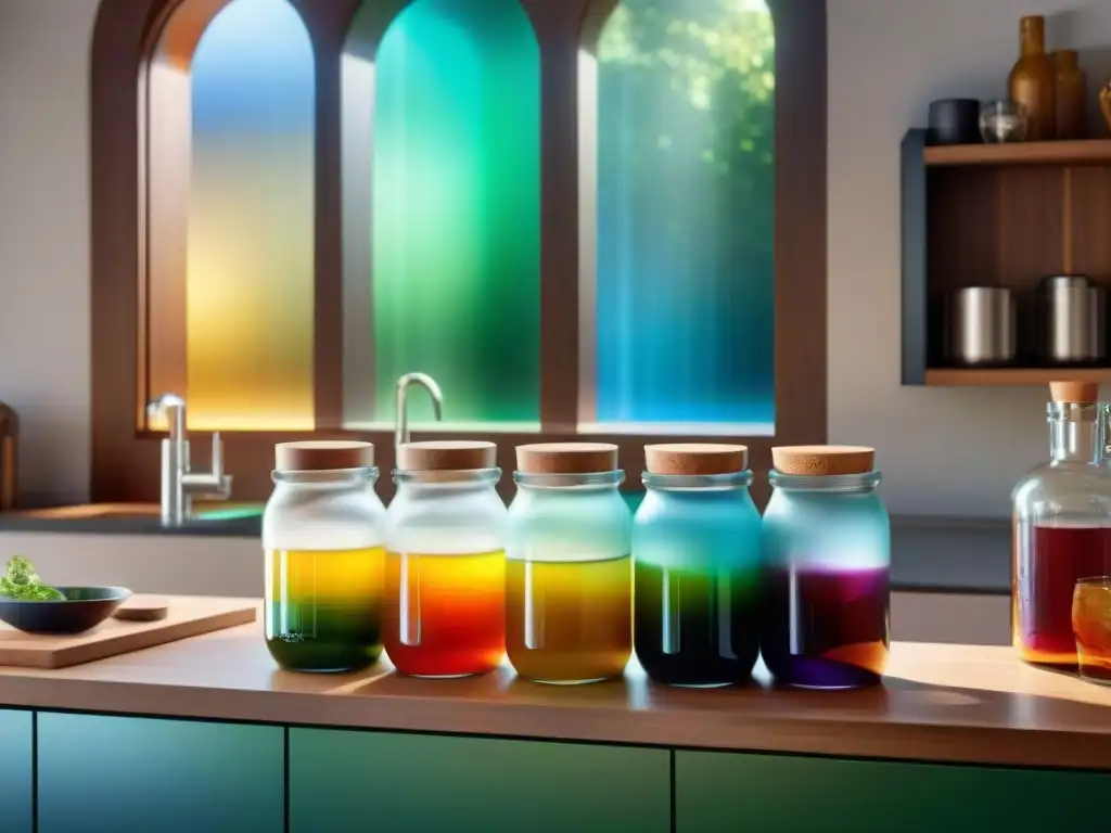 Un mostrador de cocina elegante con accesorios para Kombucha gourmet y frascos de colores brillantes llenos de burbujeante kombucha