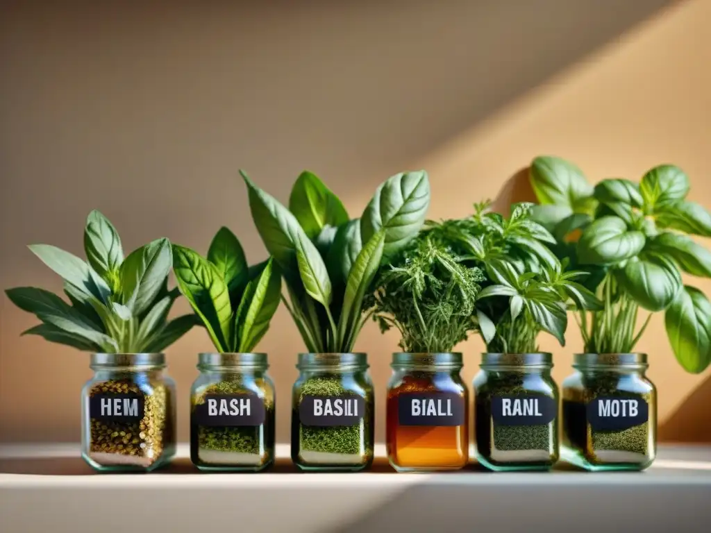 Un mostrador de cocina elegante repleto de hierbas frescas en envases de vidrio, ideal para mezclas personalizadas en platos gourmet
