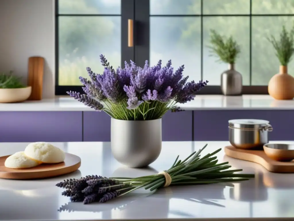 Un mostrador de cocina gourmet con lavanda fresca y utensilios de acero inoxidable