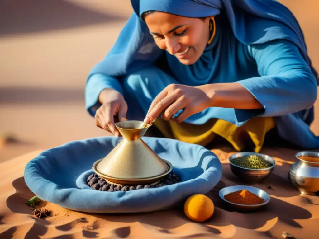 Una mujer bereber en el Sahara preparando tagine bajo el sol, capturando sabores únicos en áreas áridas de África