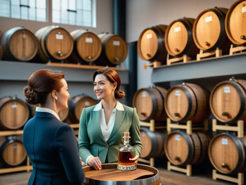 Mujeres pioneras en la industria del whisky inspeccionan barriles con pasión y dedicación en destilería tradicional