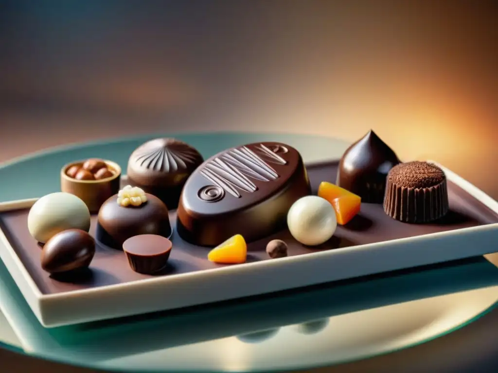 Un festín multisensorial: chocolates artesanales gourmet exquisitamente decorados en plato moderno