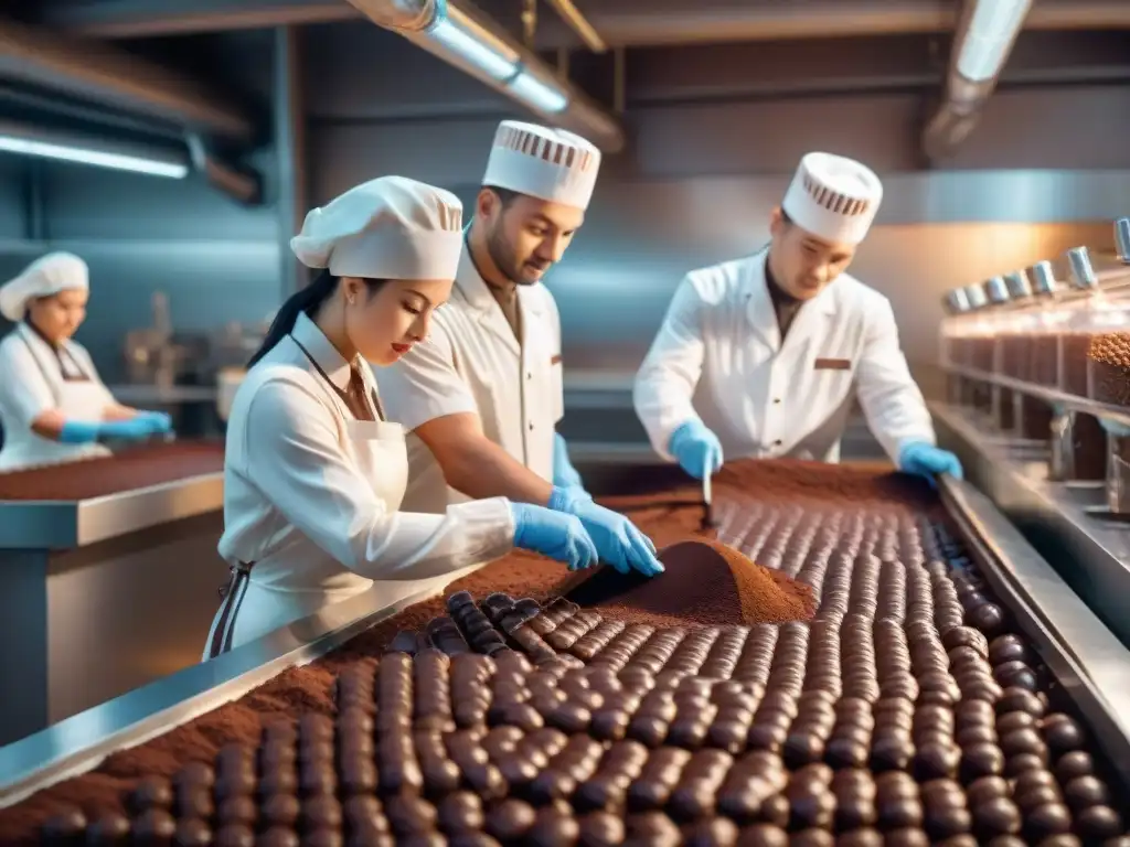 Un mundo de exquisitez en la industria del chocolate gourmet con trabajadores en uniformes blancos y maquinaria detallada