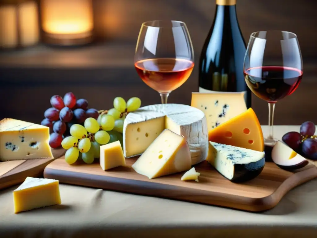 Explora un mundo gourmet: mesa de madera rústica con exquisitos quesos y vinos, uvas, higos y crackers artesanales