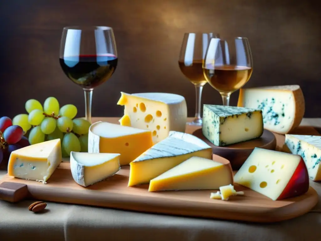 Explora un mundo gourmet de quesos y vinos exquisitos en una mesa rústica