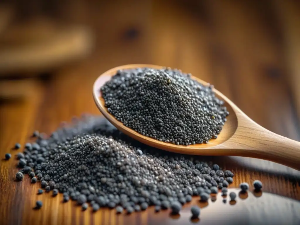 Chia seeds negras brillantes en cuchara de madera rústica