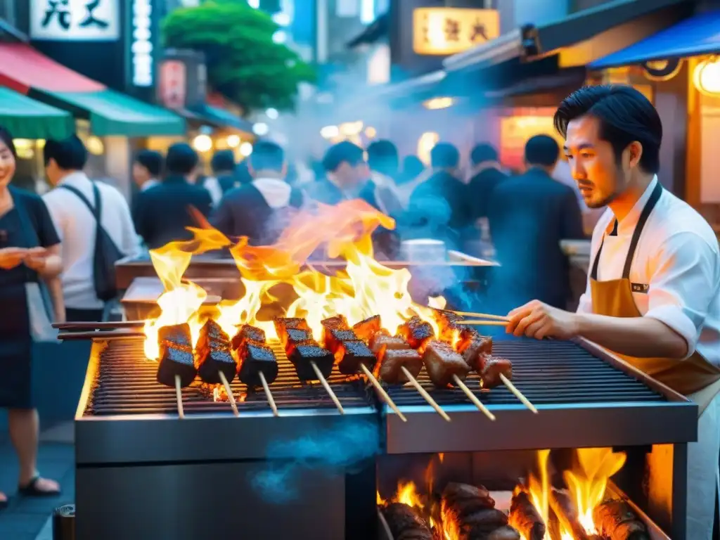 Una noche llena de vida en Tokio, con luces de neón iluminando puestos de comida