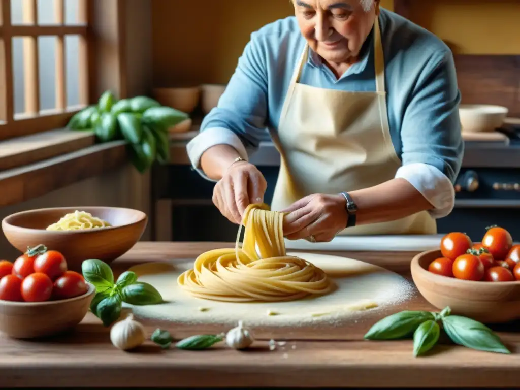 Una nonna italiana experta en técnicas mediterráneas de pastas auténticas, moldea con destreza la masa rodeada de ingredientes frescos