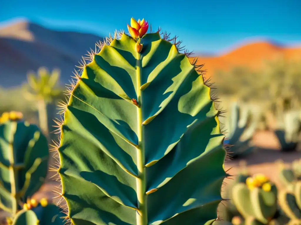 Un nopal resplandeciente en el desierto bajo el sol, muestra su belleza natural