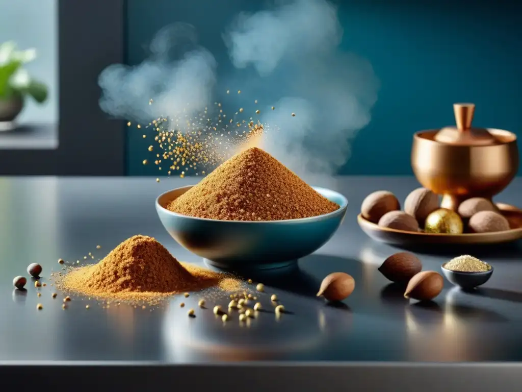 Nuez moscada realzando plato gourmet en cocina moderna con utensilios culinarios y luz natural
