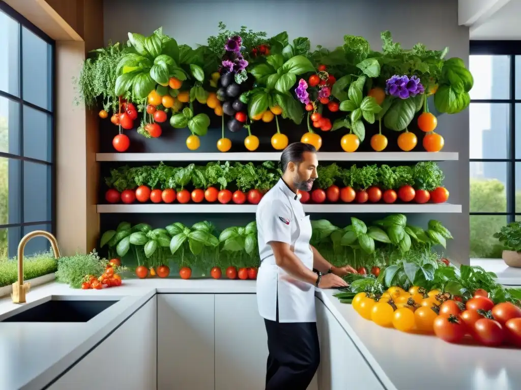 Un oasis culinario: cocina gourmet con cultivo vertical de tomates, hierbas y flores comestibles, fusionando naturaleza y gastronomía