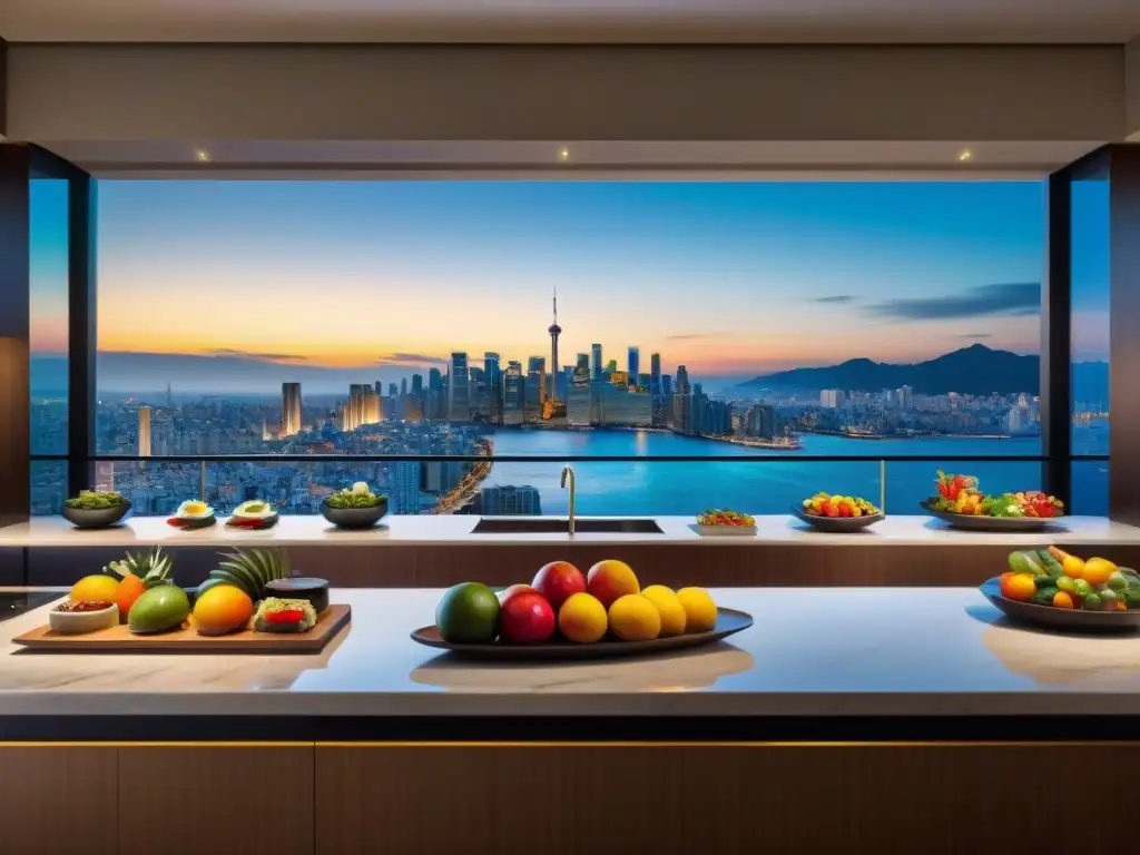 Un oasis culinario en hoteles gourmet: cocina fusión en un lujoso ambiente de hotel con cocina integrada y vistas urbanas