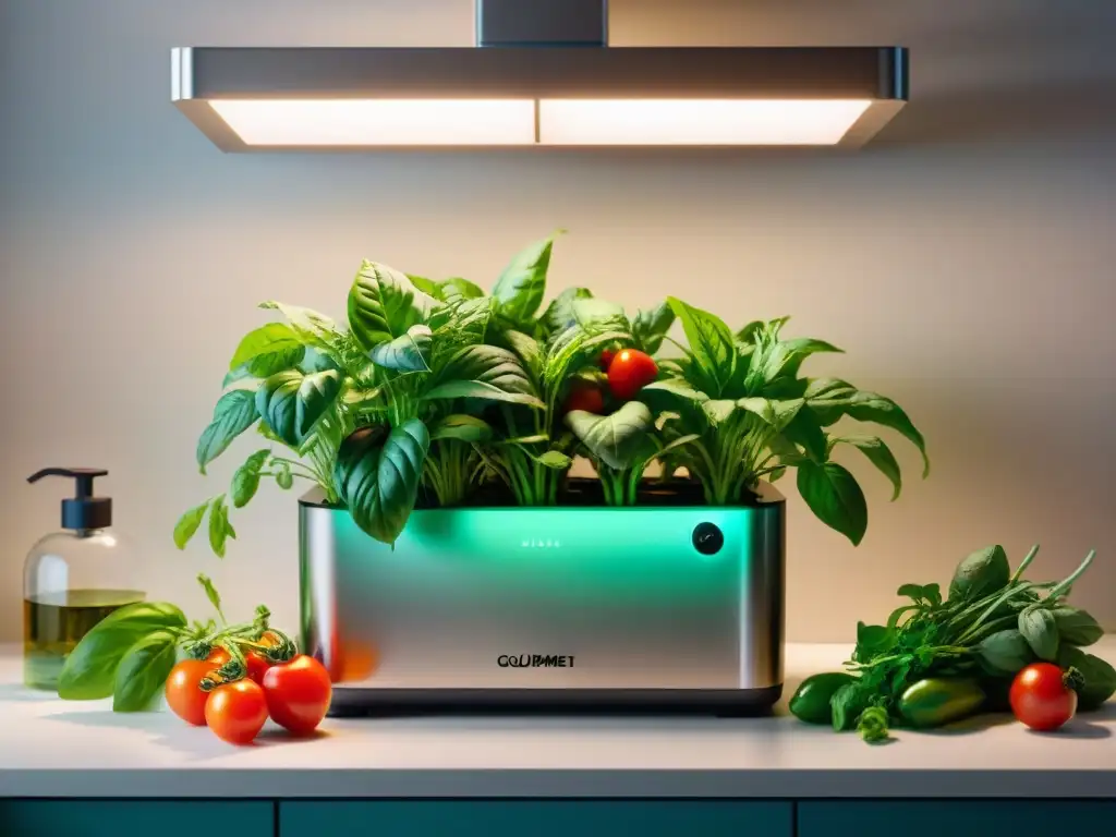 Un oasis gourmet en casa: cultivo hidropónico de hierbas y vegetales en un moderno sistema, iluminado por luces LED