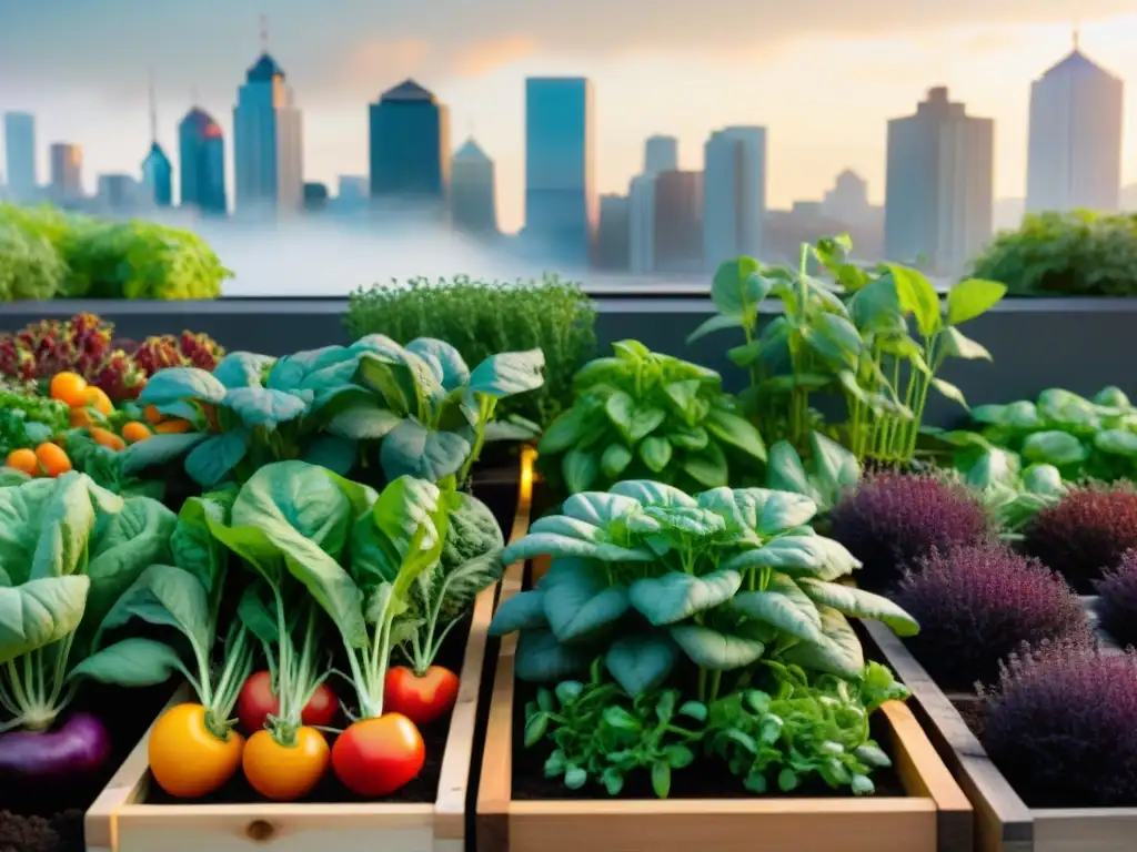 Un oasis urbano con verduras gourmet huerto urbano bañadas por la luz del sol, rodeadas de la ciudad