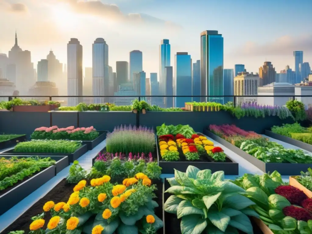 Un oasis urbano vibrante y bullicioso con huertos, flores, verduras y personas felices